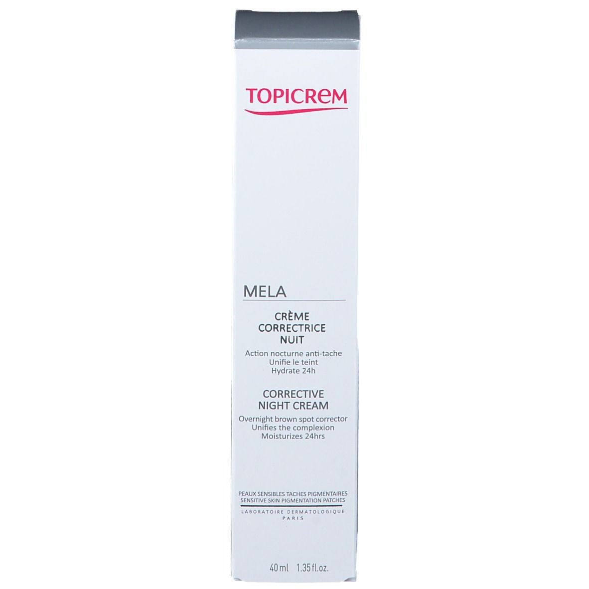 Tube blanc TOPICREM MELA avec emballage. Texte: MELA, Corrective Night Cream.