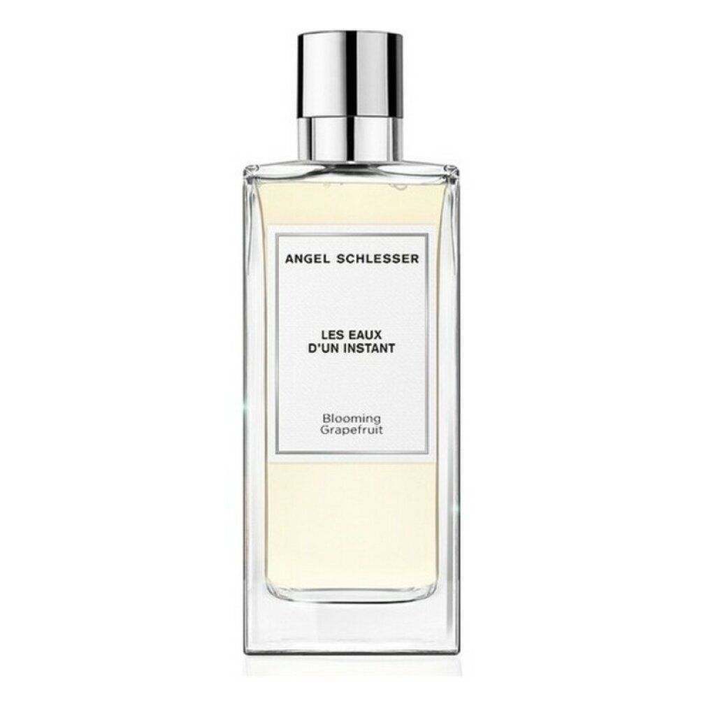 Rechteckige Glasflasche mit silbernem Verschluss. Aufschrift: Angel Schlesser, Les Eaux d'Un Instant, Blooming Grapefruit.