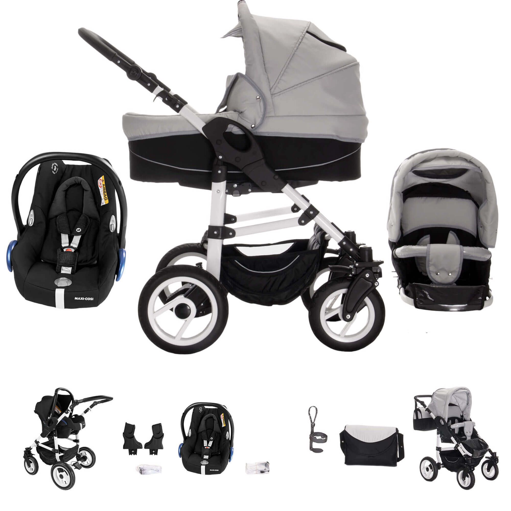 Kinderwagen-Set mit Maxi Cosi, grau-schwarz. Enthält Babywanne, Sportsitz, Babyschale, Zubehör. Räder mit weißem Felgen.