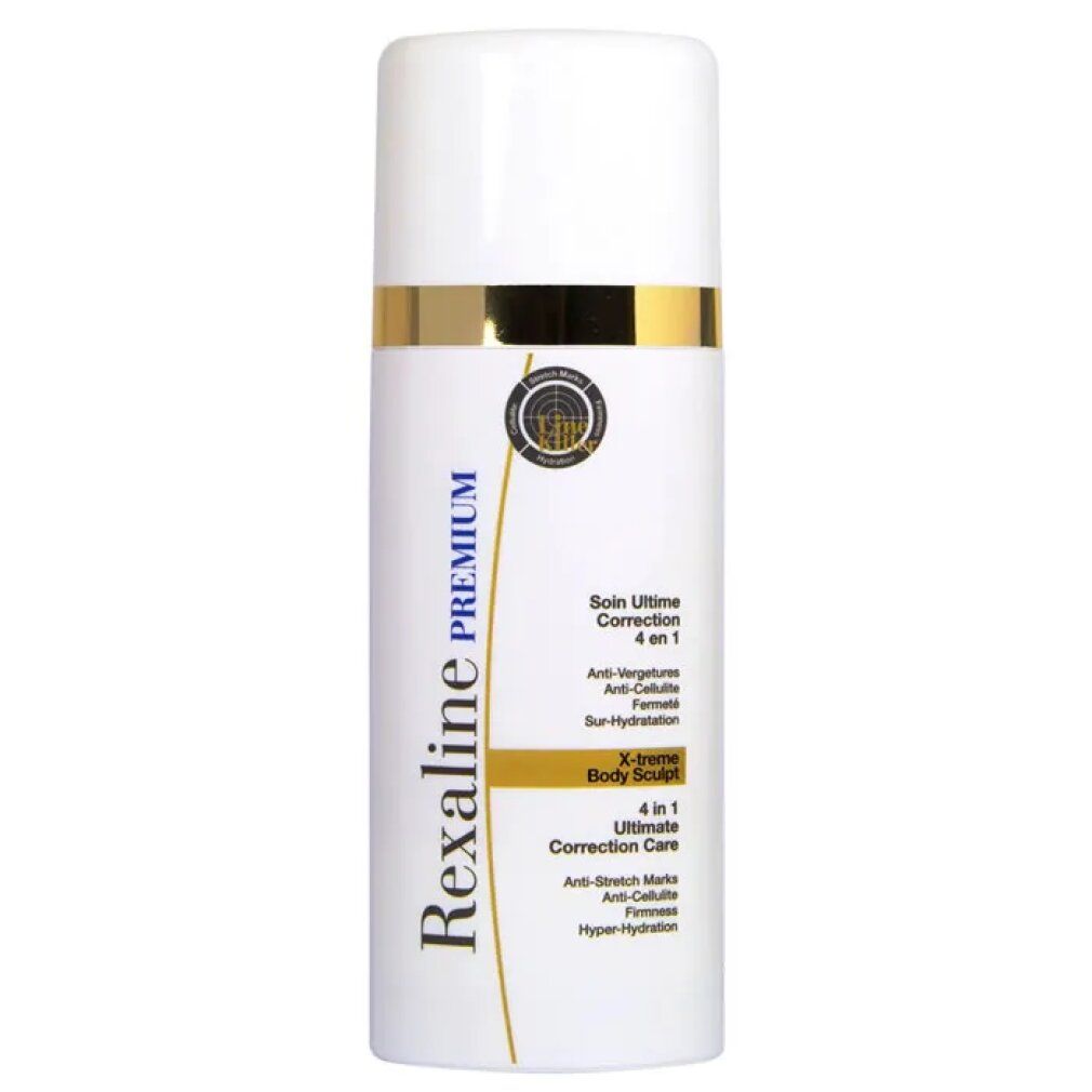 Weißer Zylinder mit goldenem Ring und Deckel. Text: Rexaline Premium, 4 in 1 Ultimate Correction Care, Anti-Dehnungsstreifen, Anti-Cellulite.