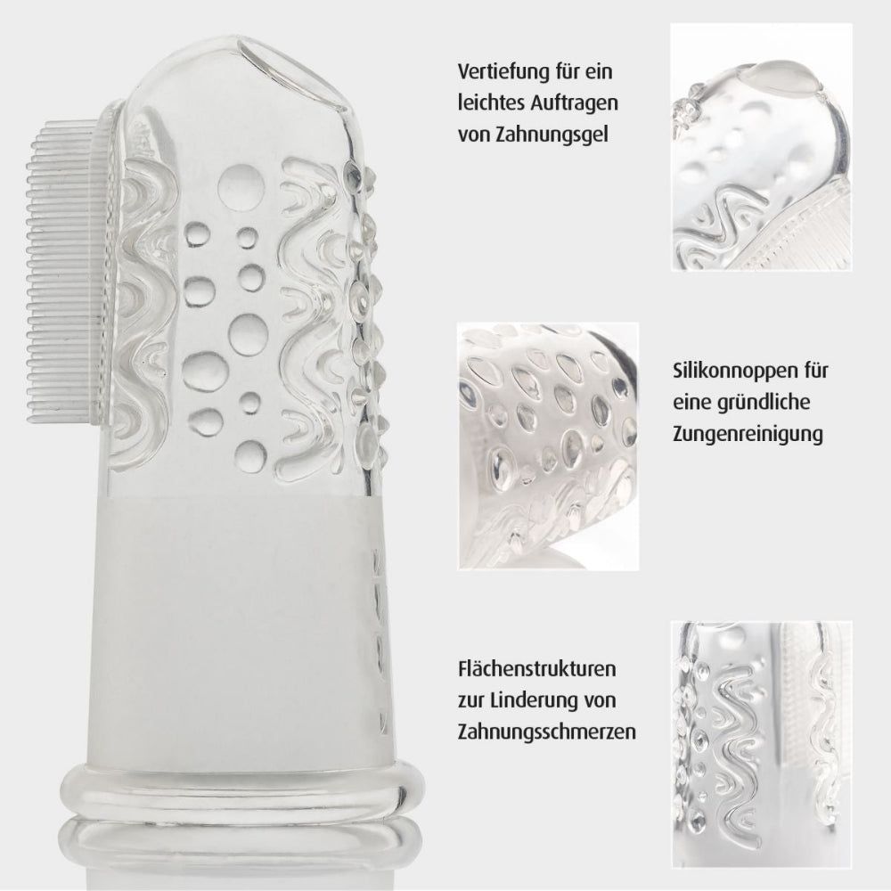 Nahaufnahme einer Fingerzahnbürste mit Details: Borsten, Noppen, strukturierte Oberfläche.