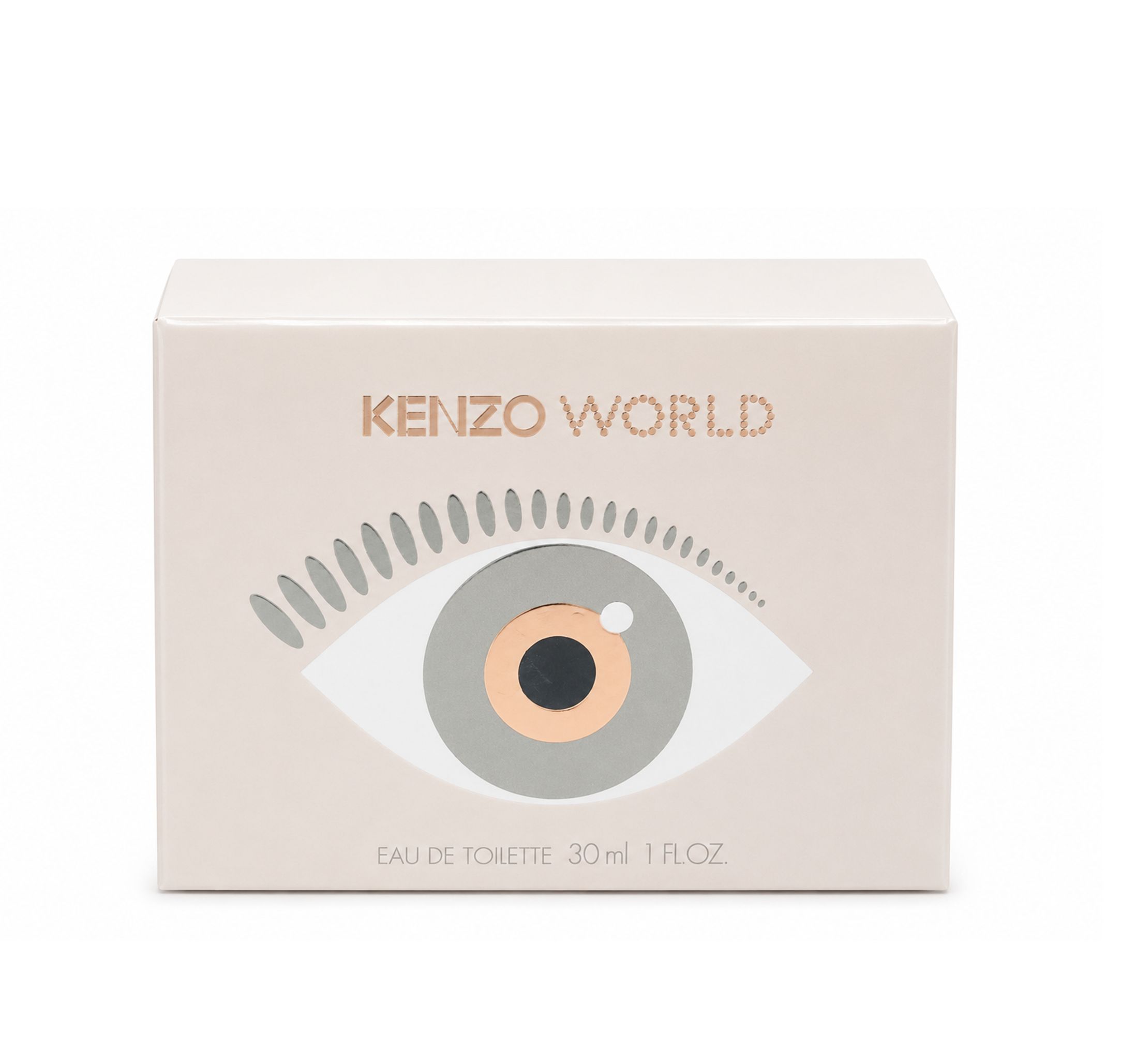 Kenzo World Eau de Toilette. Rechteckige Verpackung mit Augenmotiv und Schriftzug.