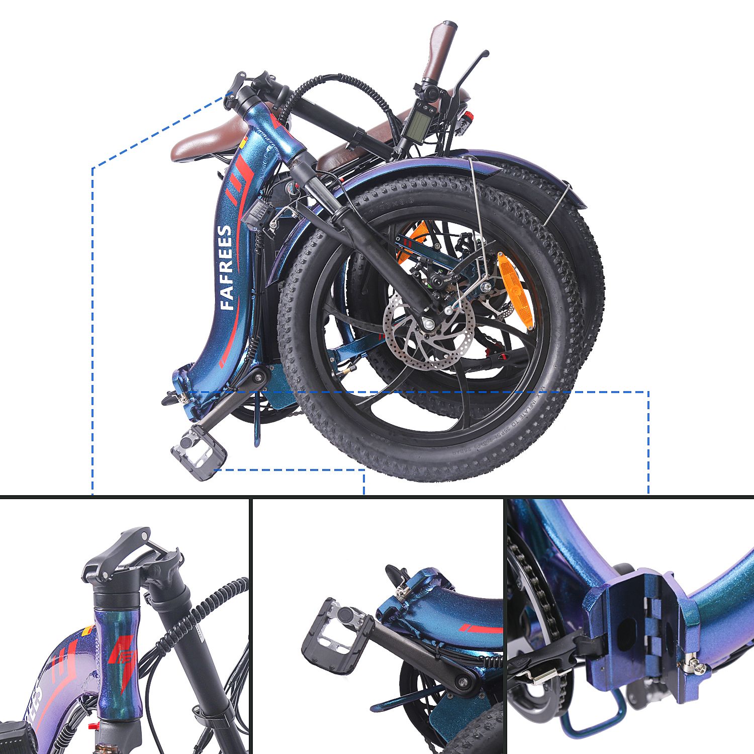 Gefaltetes blaues E-Bike. Details: Lenker, Pedale, Rahmen. Marke FAFREES.