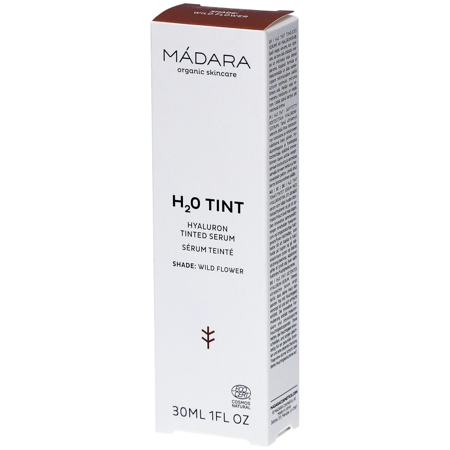 Weiße Produktverpackung mit braunem Deckel. Aufschrift: MÁDARA, H2O TINT, Hyaluron Tinted Serum, Shade: Wild Flower. 30ml.