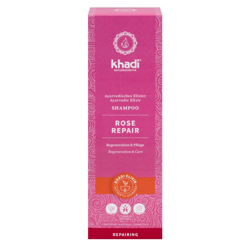 Khadi Shampoo Rose Repair in pinker Verpackung. Text: Ayurvedisches Elixier Shampoo, Rose Repair, Regeneration & Pflege. Zertifizierungen.