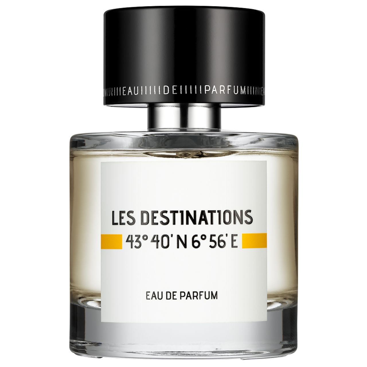 Parfümflakon. Aufschrift: Les Destinations, Eau de Parfum. Schwarzer Deckel, transparente Flasche.