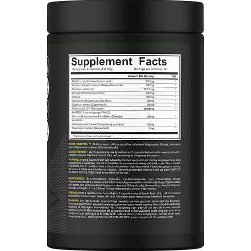 Rückseite der Dose. "SUPPLEMENT FACTS"-Tabelle mit Inhaltsstoffen. Text in Englisch und Niederländisch. Schwarzer Hintergrund.