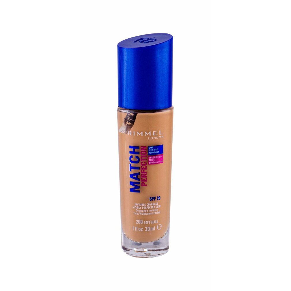 Rimmel Match Perfection Foundation. Flasche mit blauem Deckel. Farbton 200 Soft Beige. SPF 20. Sichtbare Produktinformationen.