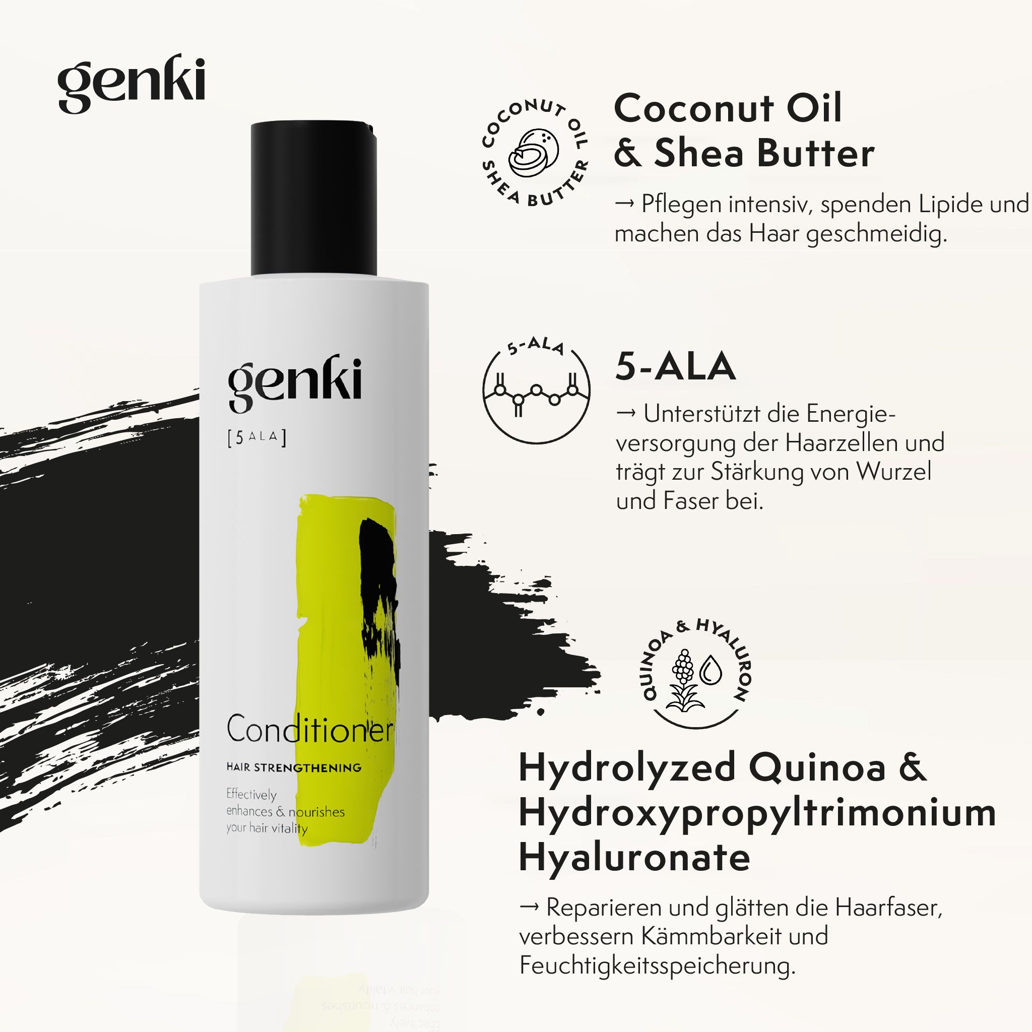Flasche mit schwarzem Deckel. Aufschrift: Genki, Conditioner. Gelber Akzent. Inhaltsstoffe: Kokosöl, 5-ALA, Hyaluronat.