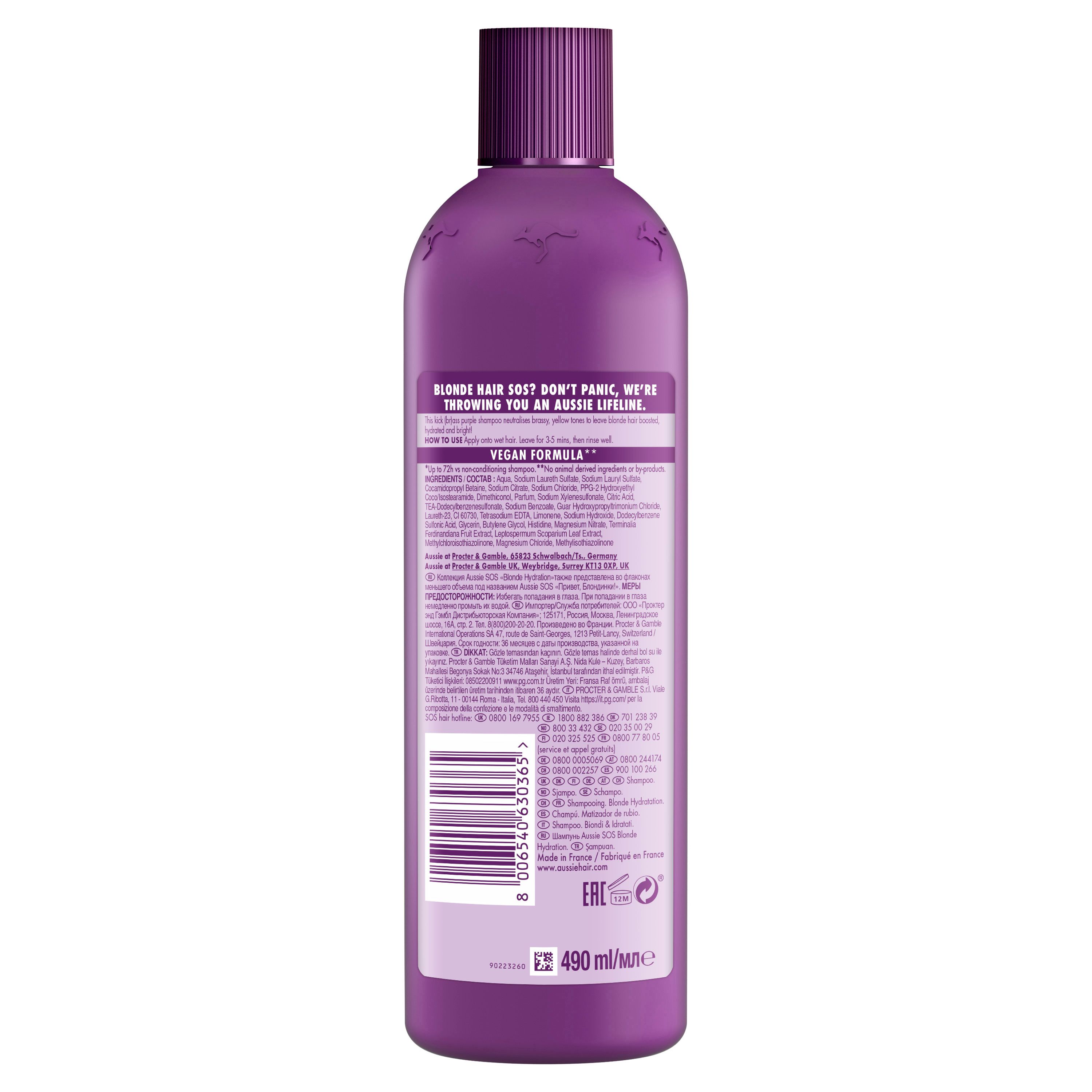 Rückseite der violetten Shampoo-Flasche. Text: Blonde Hair Don't Panic, We're Throwing You An Aussie Lifeline. Vegan Formula. Inhaltsstoffe.