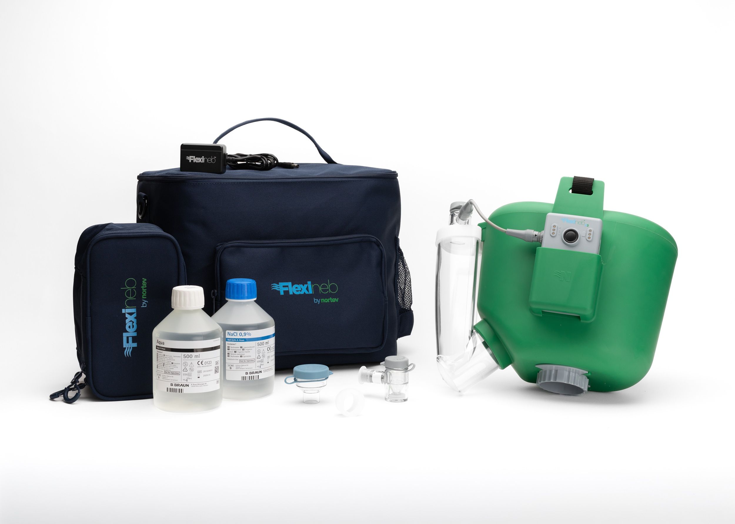 Flexineb E3 Inhalator Komplettset. Enthält Inhalator, Tasche, Flaschen, Zubehör. Grüner Inhalator.