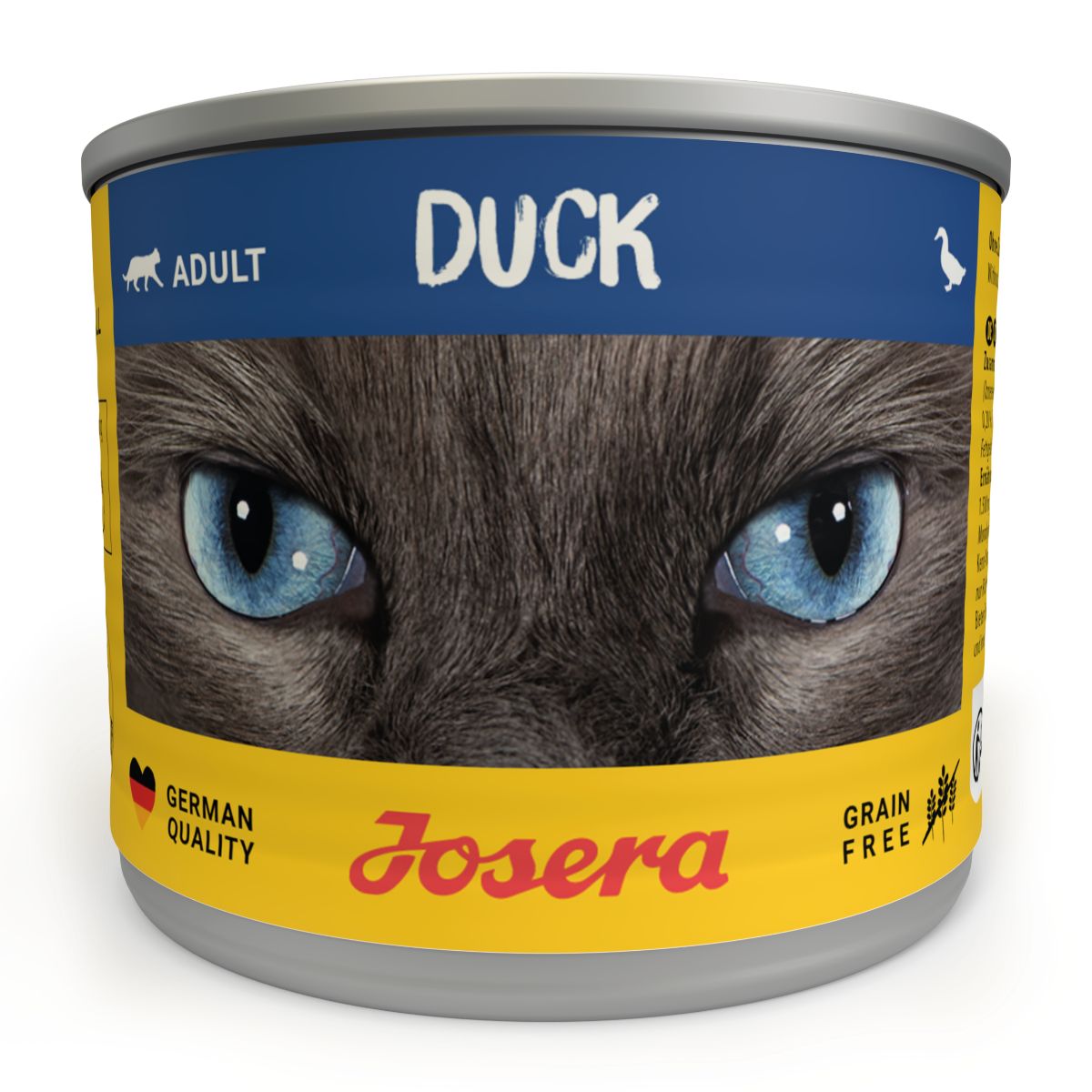 Dose mit blauer Aufschrift "DUCK" und Katzenaugen. Logo "Josera" und "German Quality". Getreidefrei.