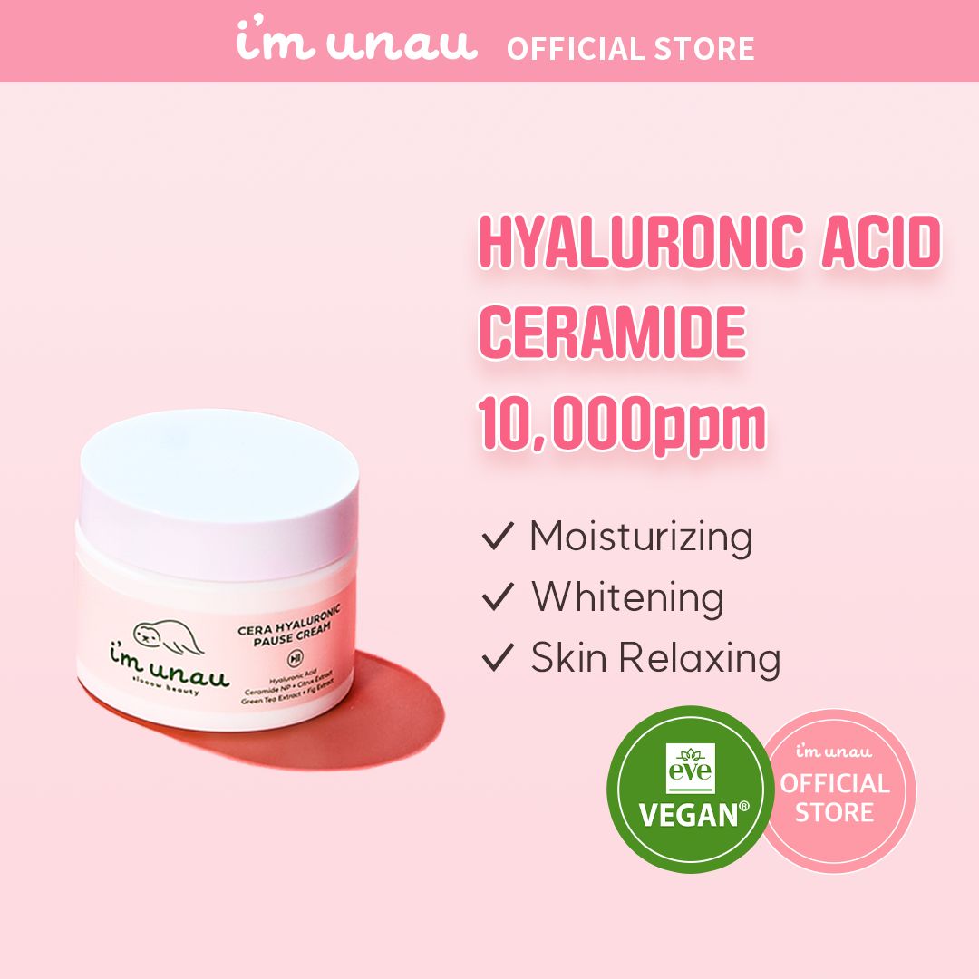 Creme-Tiegel mit Aufschrift: i'm unau, Cera Hyaluronic Pause Cream. Text: Feuchtigkeitsspendend, Aufhellend, Hautentspannend. Vegan-Siegel.