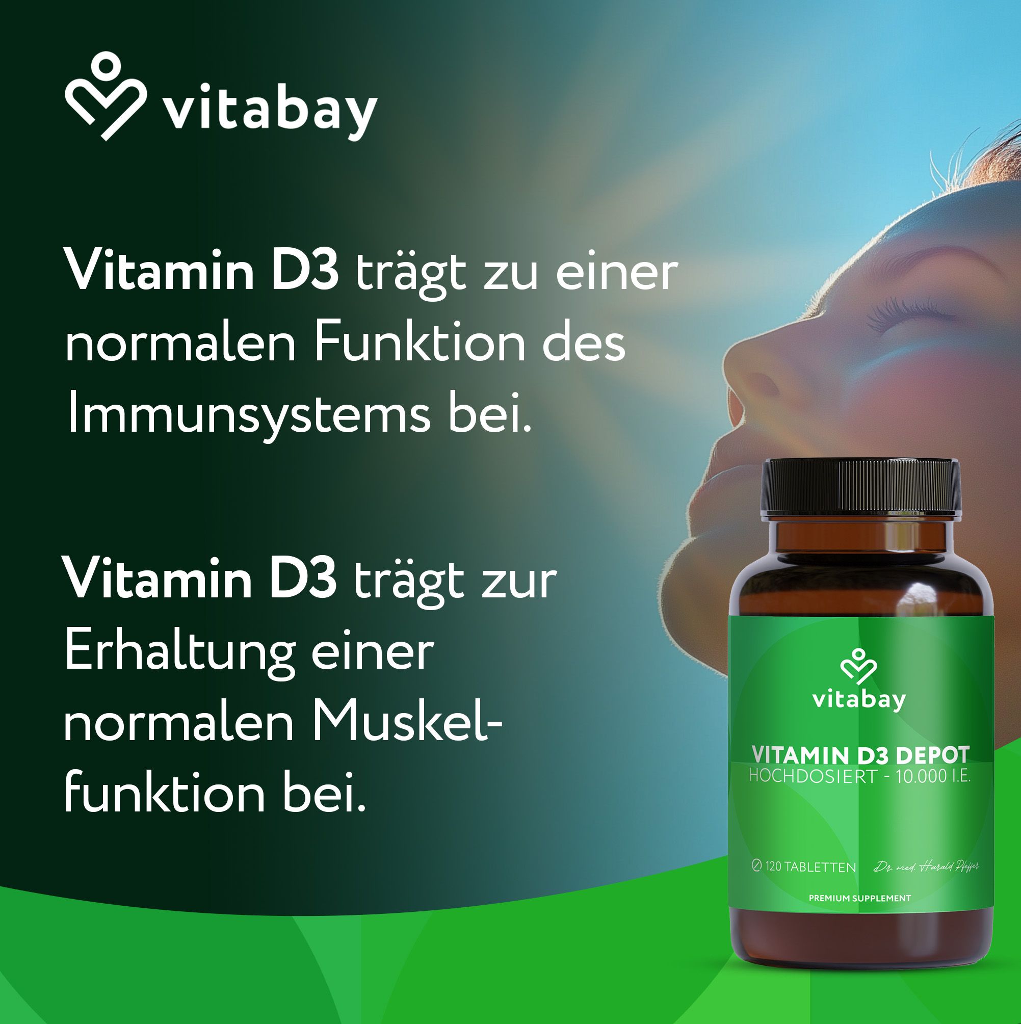 Vitabay Vitamin D3 Depot Flasche neben Person im Sonnenlicht. Unterstützt Immunsystem und Muskeln.