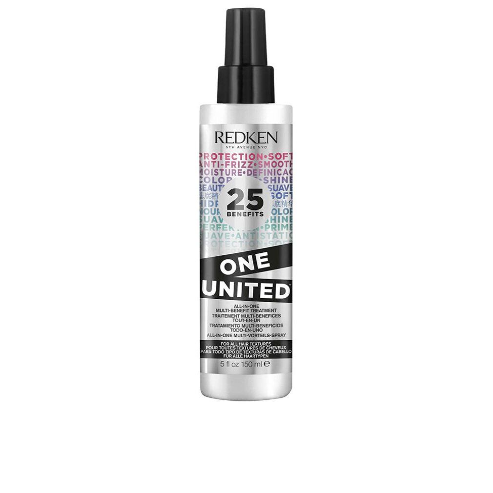 Redken One United, Sprühflasche. Silberne Flasche mit schwarzem Sprühkopf. Text mit 25 Vorteilen.