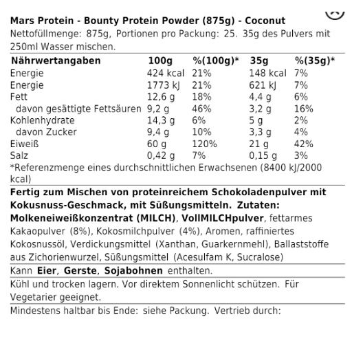 Nährwertangaben für Bounty Protein Powder. 21g Protein pro Portion. Zutatenliste: Molkeneiweißkonzentrat, Kakaopulver, Kokosnuss.