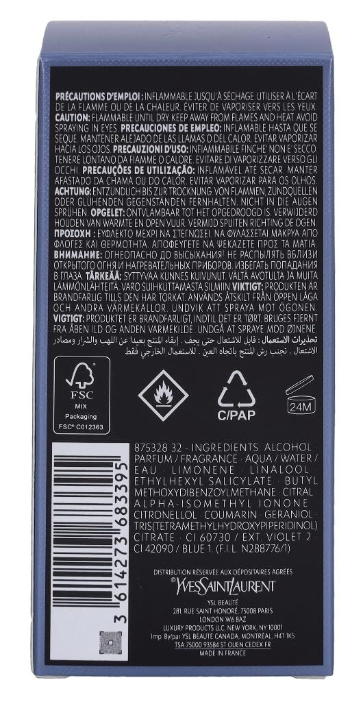 Yves Saint Laurent Y Men E.d.T. Vapo. Rückseite der Schachtel mit Inhaltsstoffen, Warnhinweisen und FSC-Logo.