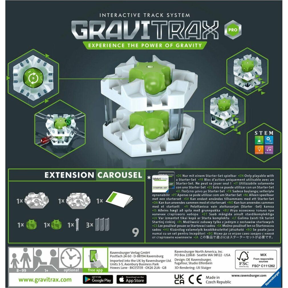 Rückseite der Verpackung. GraviTrax PRO Carousel. Komponenten, Grafiken, Text in verschiedenen Sprachen. Logos, Zertifizierungen, App-Informationen.