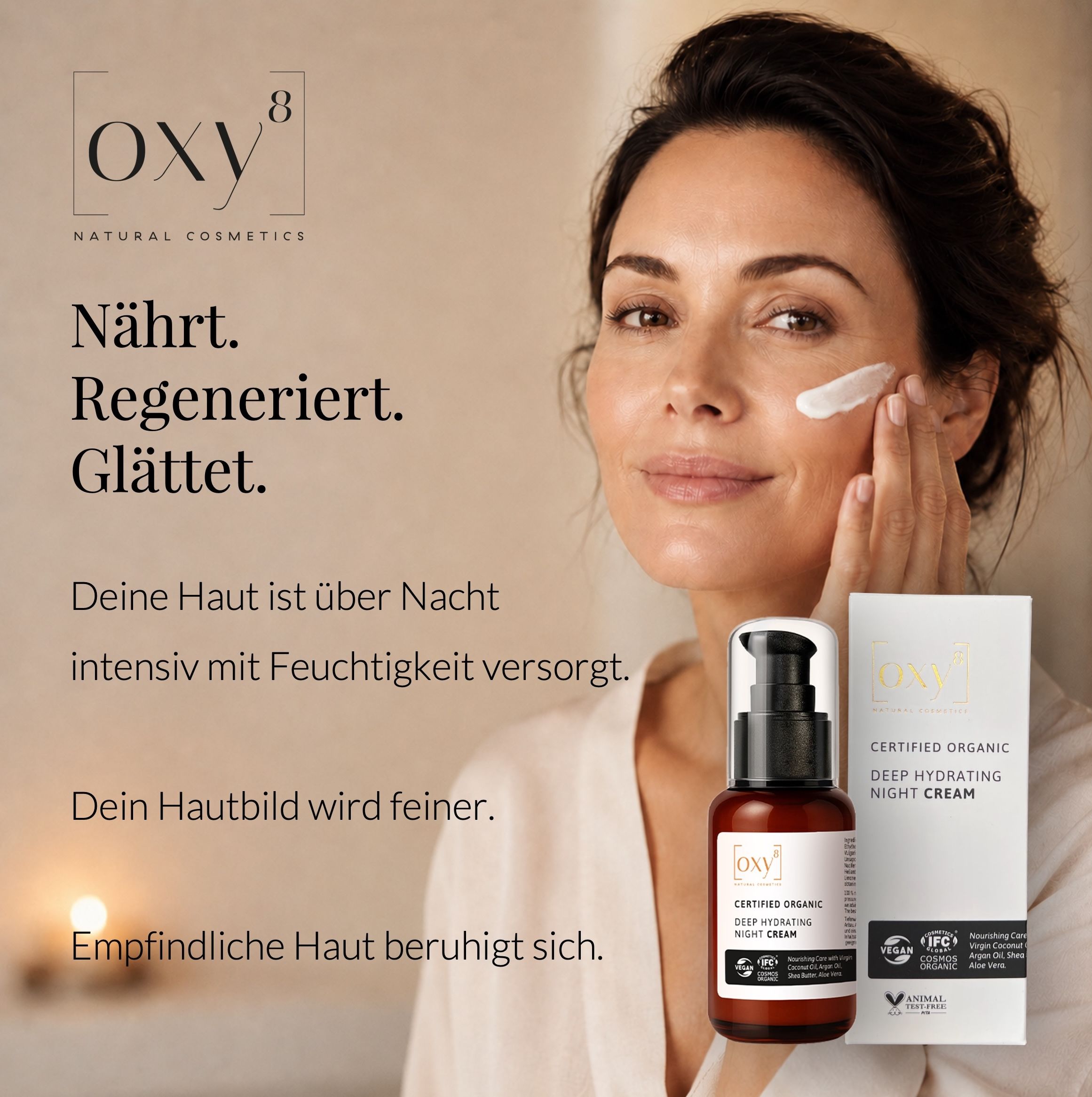Nahaufnahme eines Gesichts. Text: Über 300.000 verkaufte Produkte. Logos: Vegan, 100% natural.