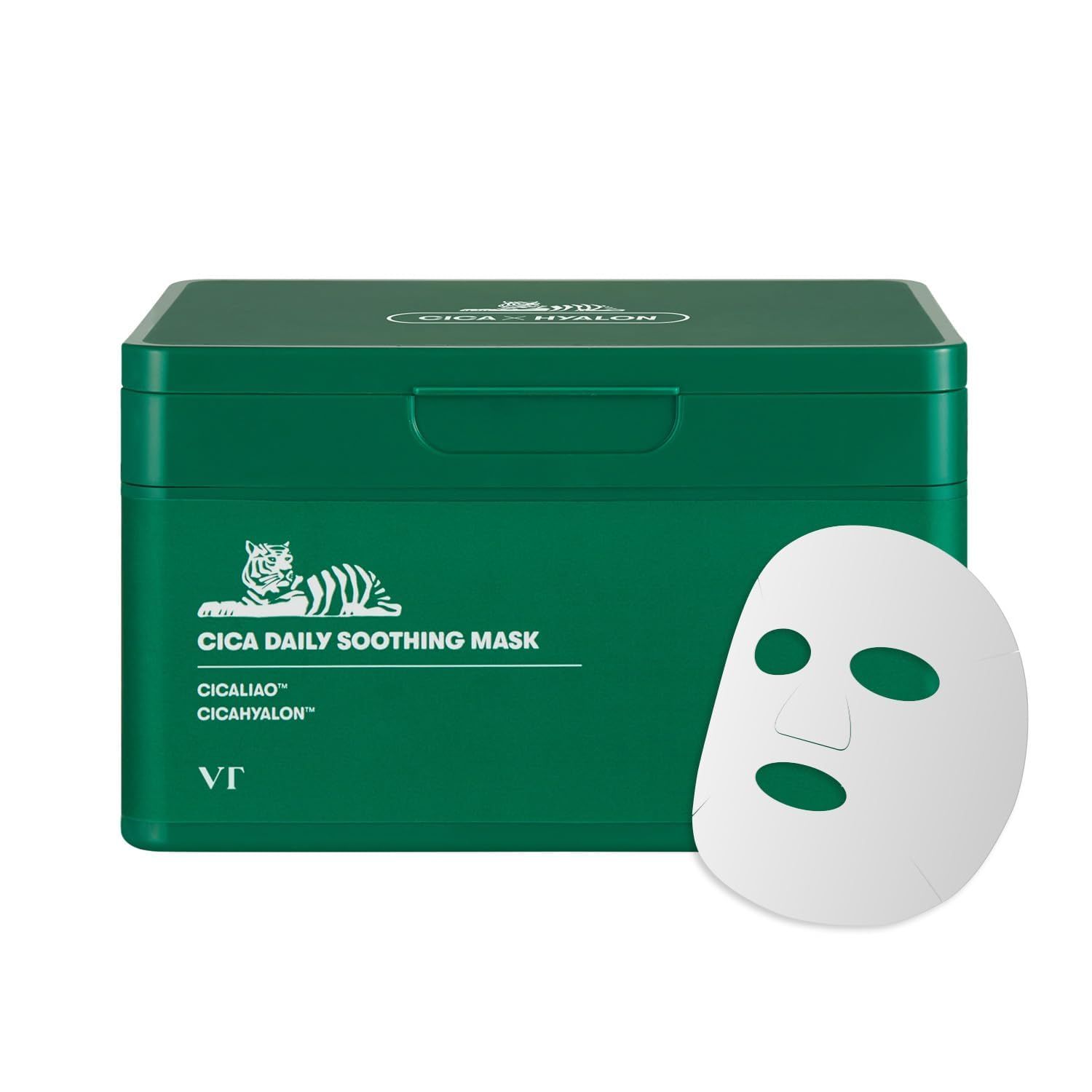 Grüne Box 'Cica Daily Soothing Mask' und Gesichtsmaske daneben. Text: CICALIAO, CICAHYALON. VT-Logo.
