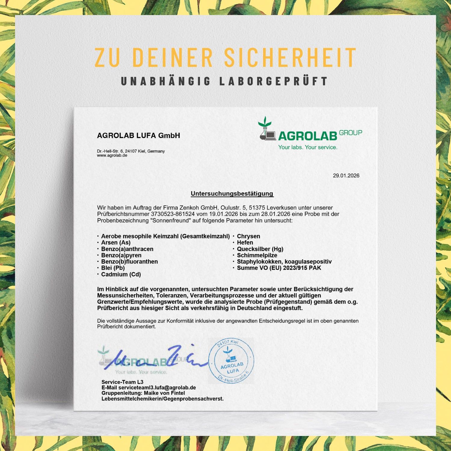 Zertifikat der Agrolab LUFA GmbH. Unabhängige Laborprüfung. Analyseergebnisse für Sonnenfreund. Unterschriften und Siegel.