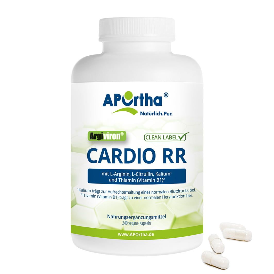 Weiße Flasche mit Argiviron Cardio RR Kapseln und lose Kapseln. Das Produkt enthält L-Arginin, L-Citrullin, Kalium und Thiamin.
