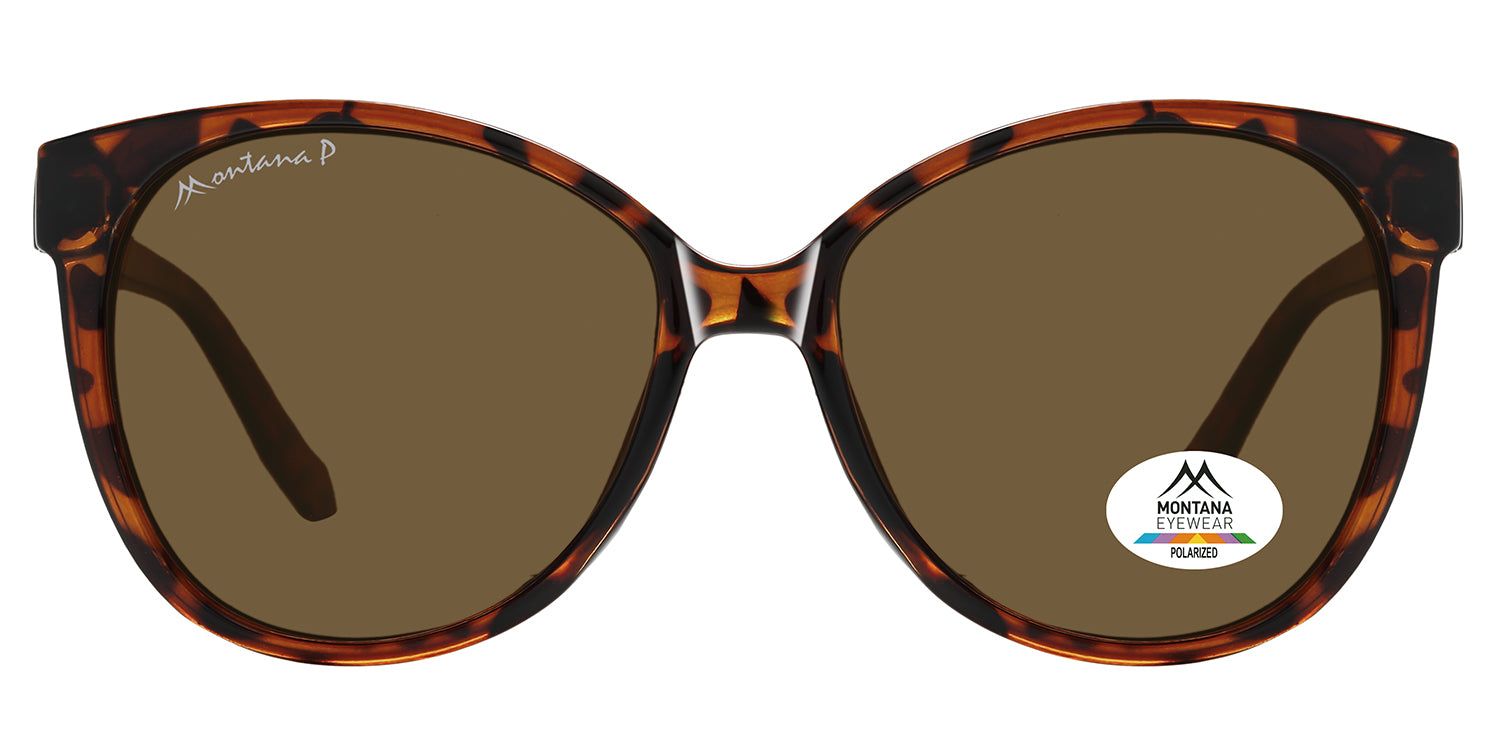 Sonnenbrille mit braunen Gläsern und braunem Rahmen. Auf dem Rahmen steht "Montana P". Auf einem Glas befindet sich ein Aufkleber mit "Montana Eyewear Polarized".