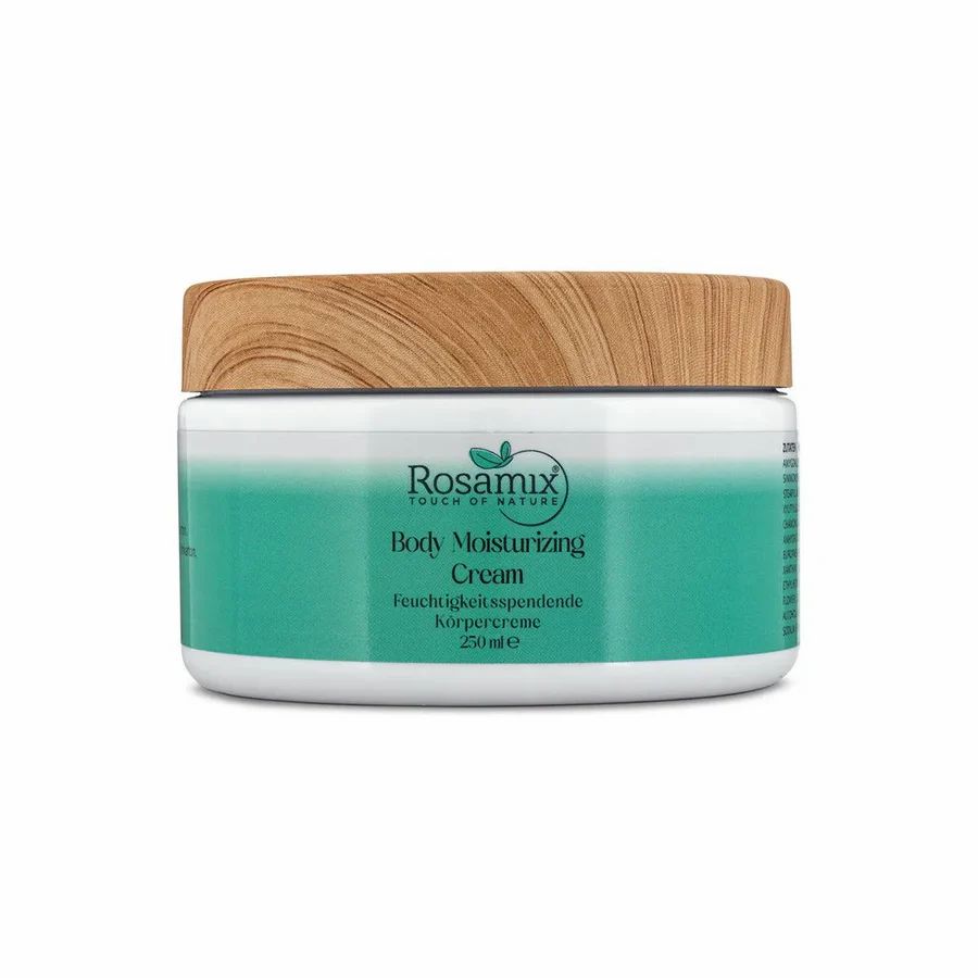 Creme-Behälter mit Holzdeckel. Aufschrift: Rosamix, Body Moisturizing Cream, Feuchtigkeitsspendende Körpercreme.