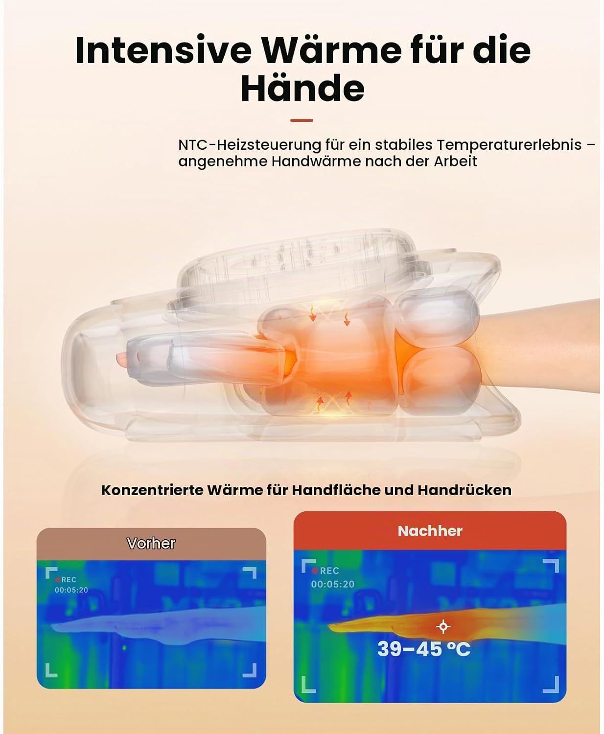Ein weißes Handmassagegerät mit einem runden Display und Bedienelementen, das eine Frau hält.