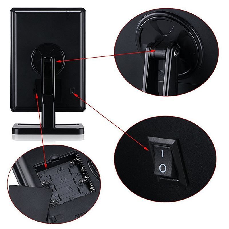 Rückansicht des Kosmetikspiegels. Batteriefach, Ein-/Ausschalter und Details der Halterung. Schwarzes Gehäuse.