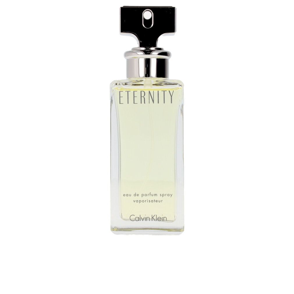 Eckige Glasflasche mit schwarzem Verschluss. Aufschrift: Eternity, Calvin Klein. Eau de Parfum Spray.