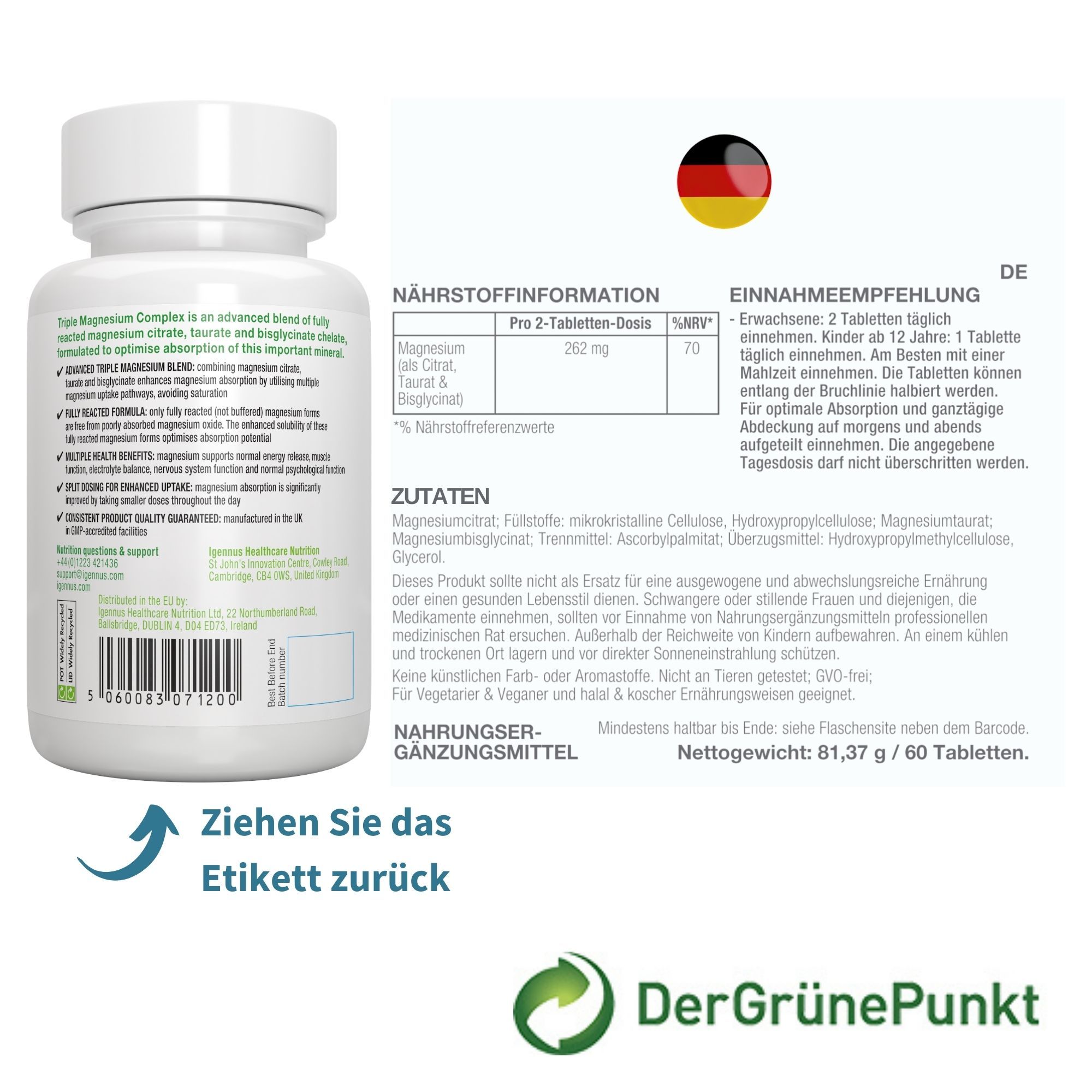 Rückseite eines Igennus Magnesium Complex Behälters mit Nährwertangaben und Anwendungshinweisen.