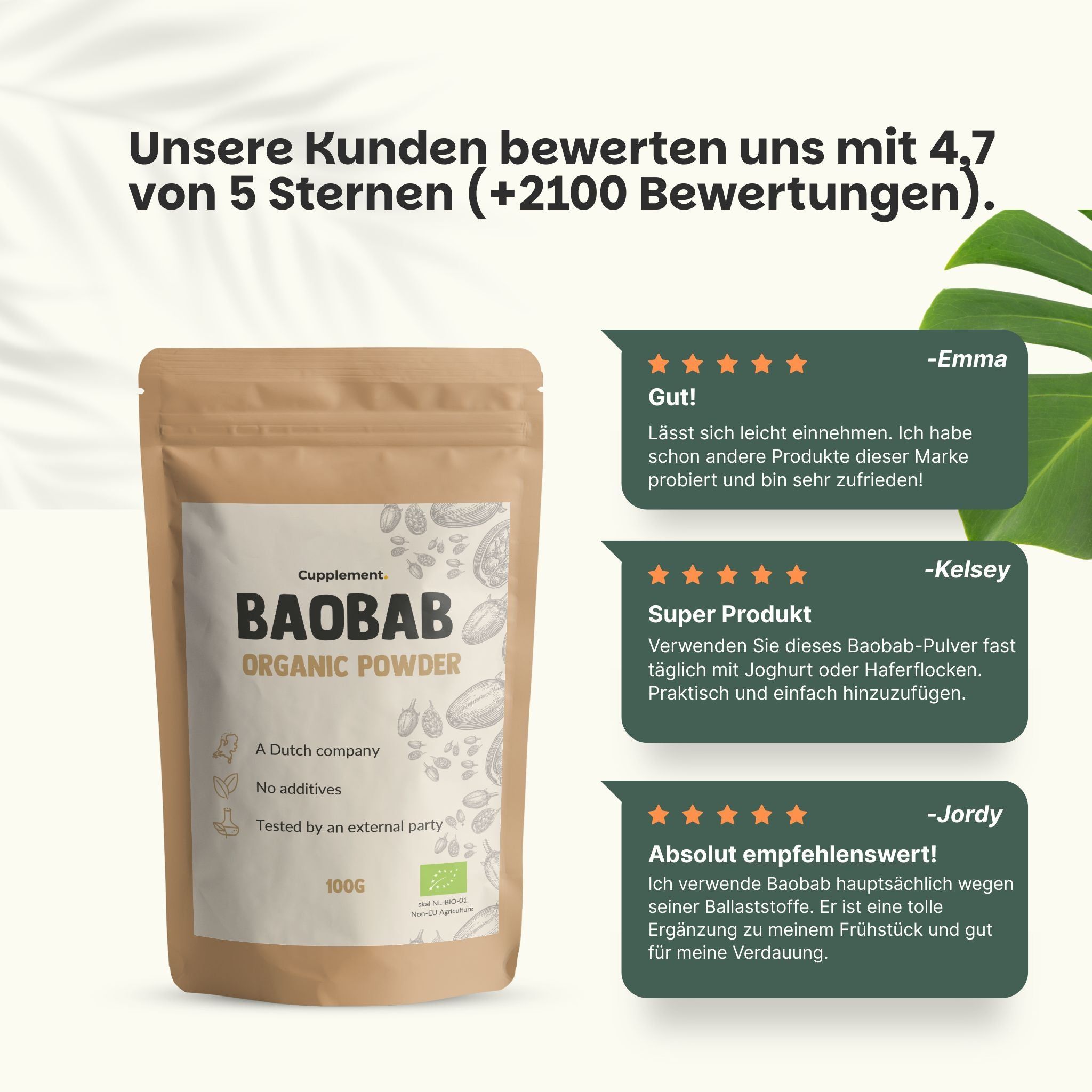 Beutel mit Baobab-Pulver. Text: Unsere Kunden bewerten uns mit 4,7 von 5 Sternen. Kundenbewertungen.