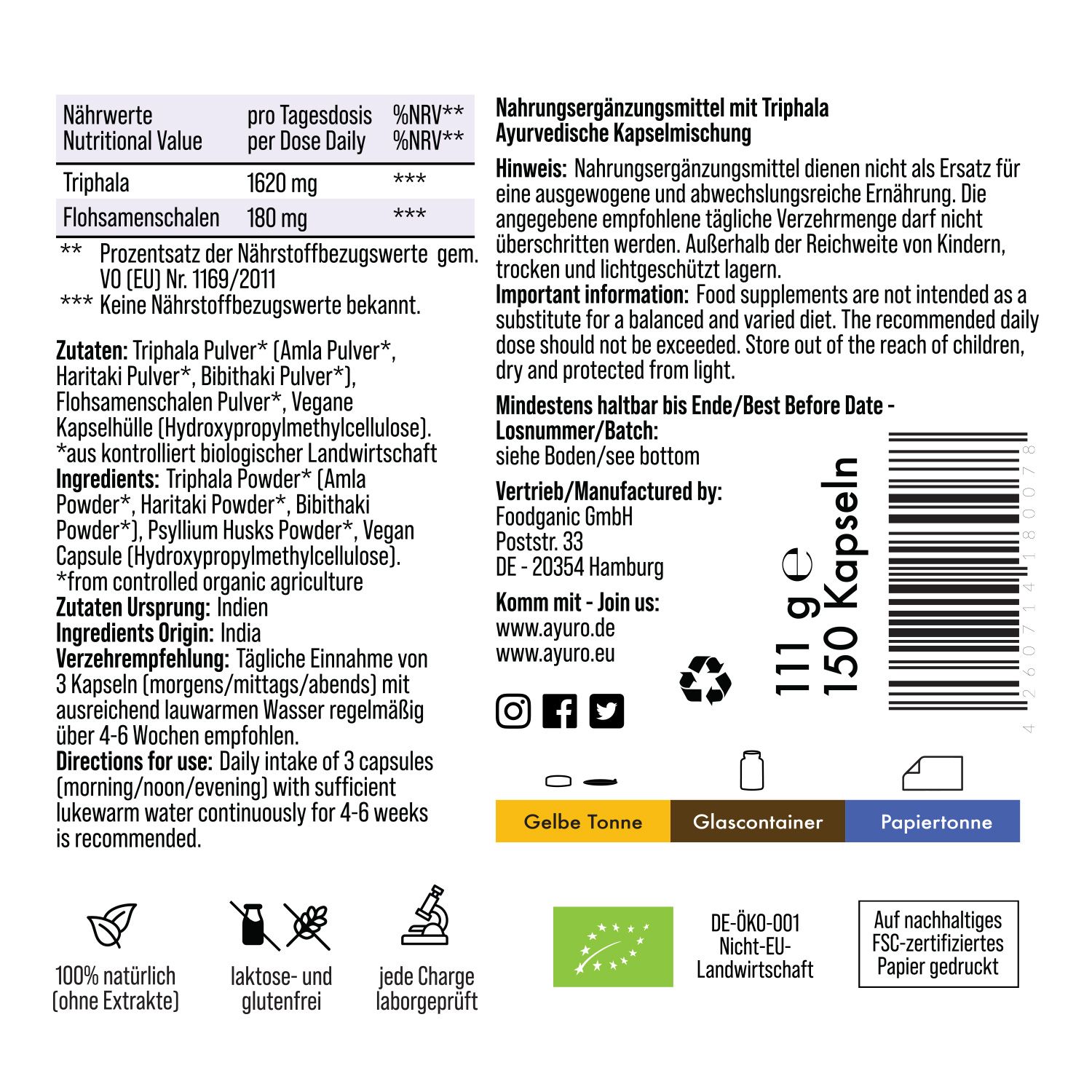 Rückseite der 'Triphala+' Flasche. Nährwertangaben, Zutaten, Verzehrempfehlung. Text: '150 Kapseln'. Bio-Siegel. FSC-Zertifizierung.