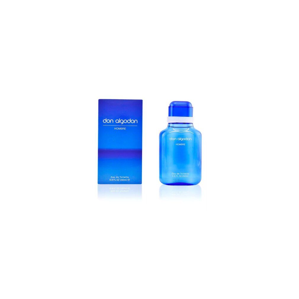 Blaues Eau de Toilette Flakon und Schachtel. Aufschrift: Don Algodón Hombre. Eau de Toilette.