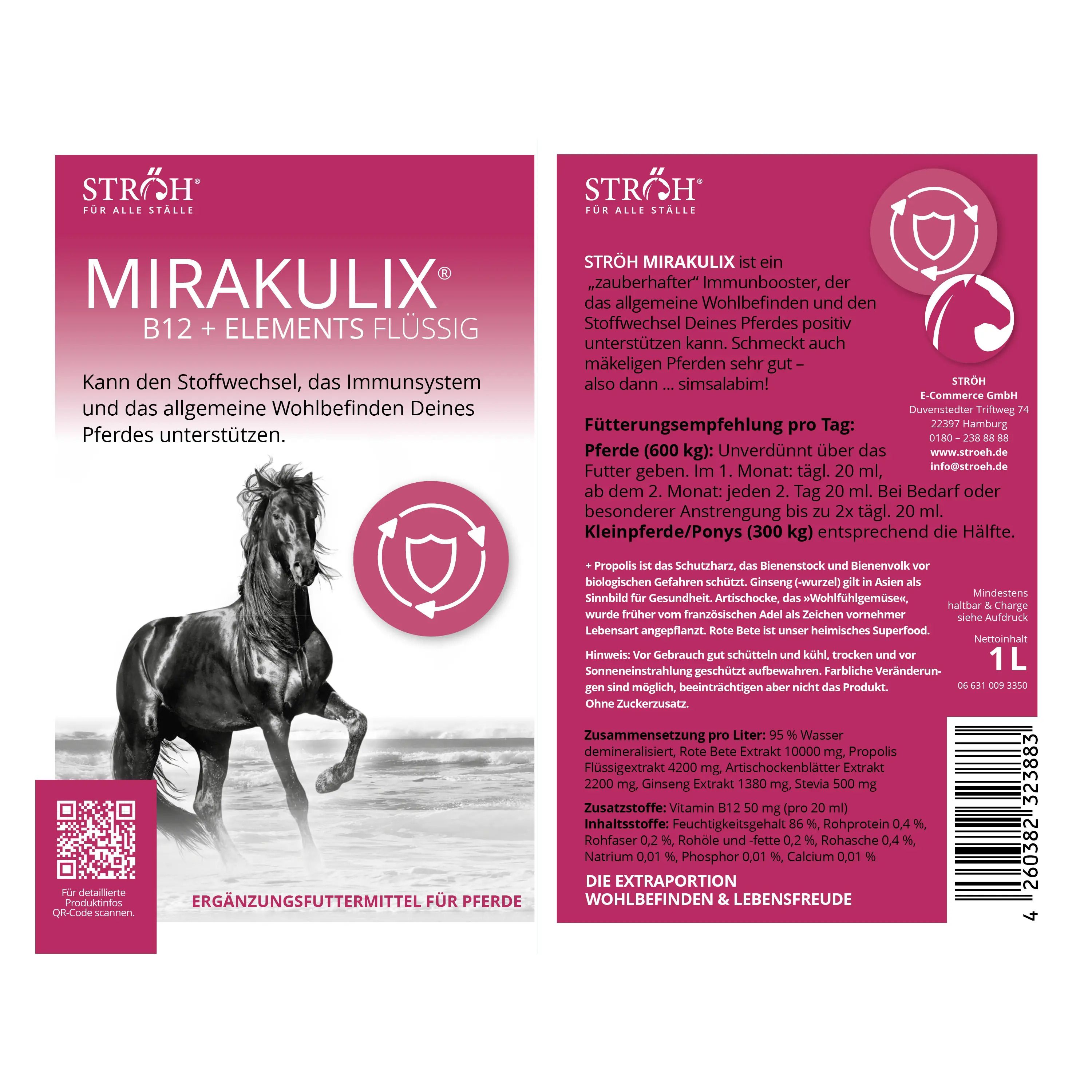 Verpackung von MIRAKULIX B12 + ELEMENTS. Enthält Informationen und eine Illustration eines Pferdes. Marke STRÖH.