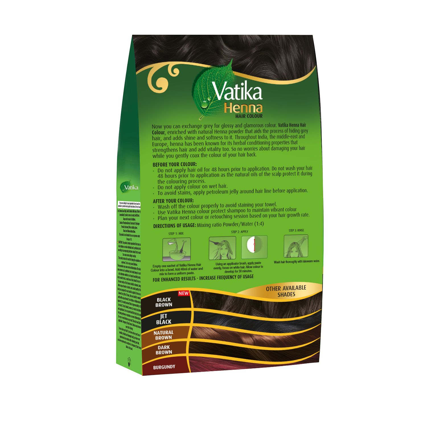 Rückseite der Vatika Henna Haarfarben-Verpackung. Textinformationen, Anwendungsanleitung und Farbauswahl. Schwarz, Jet Black, Natural Black, Dark Brown, Burgunder.