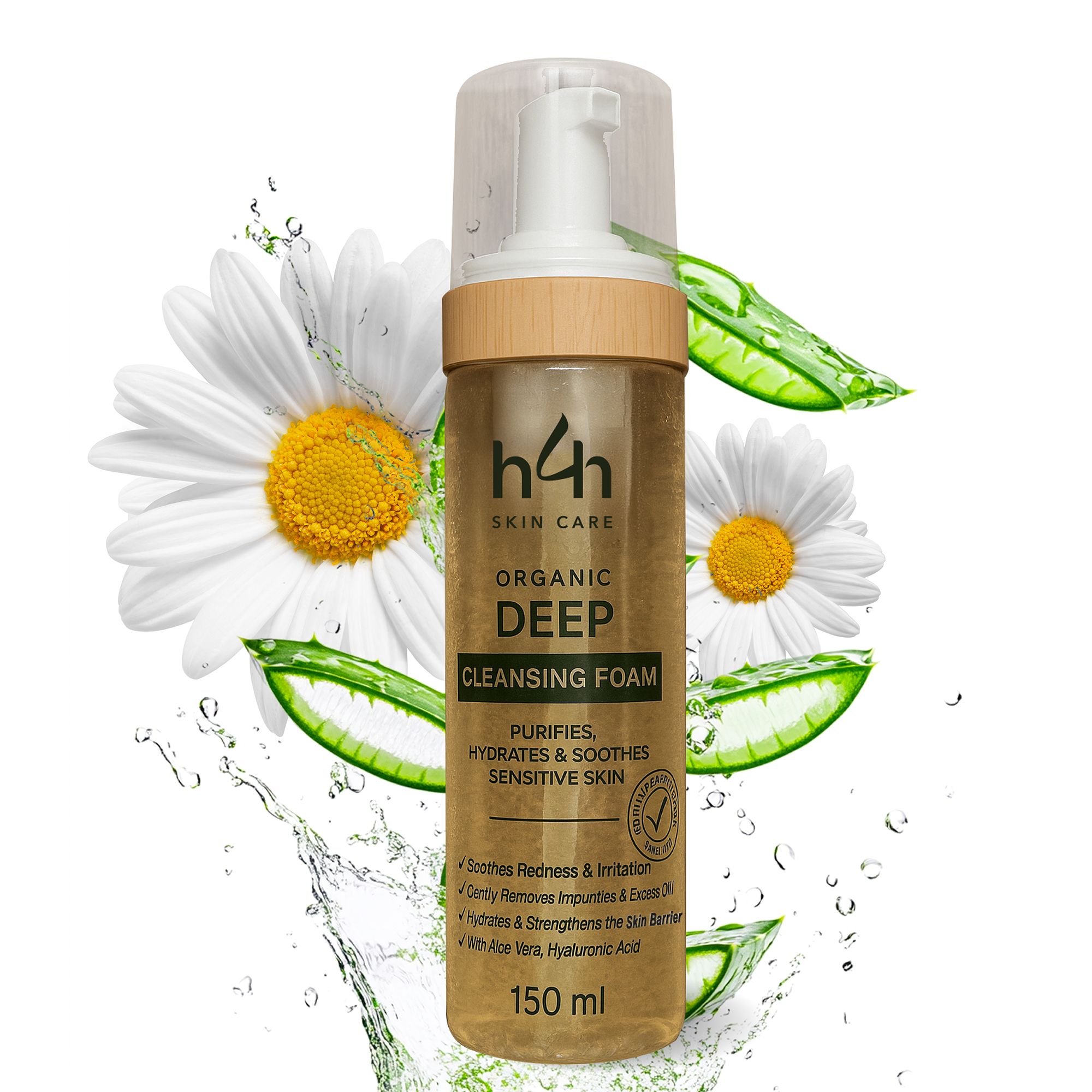 H4H Naturals® Organic Deep Cleansing Foam. Flasche mit Pumpe. Text: Purifies, hydrates & soothes sensitive skin. 150 ml. Mit Kamille und Aloe Vera.