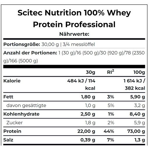 Nährwerttabelle für Scitec Nutrition 100% Whey Protein Professional. Angaben zu Kalorien, Fett, Kohlenhydraten, Zucker, Protein und Salz.