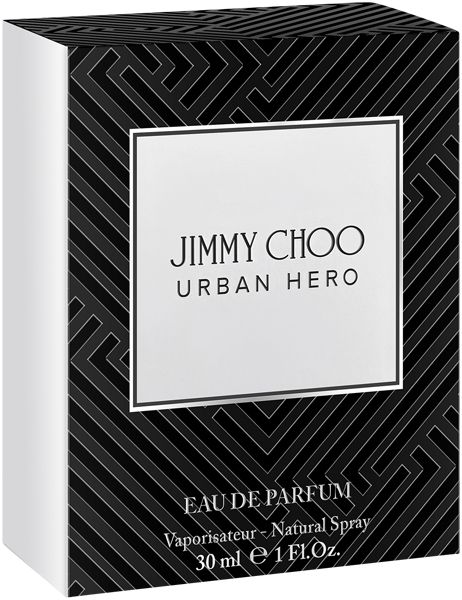 Schwarze Verpackung mit weißem Rahmen. Aufschrift: JIMMY CHOO URBAN HERO. Text: Eau de Parfum, 30 ml.