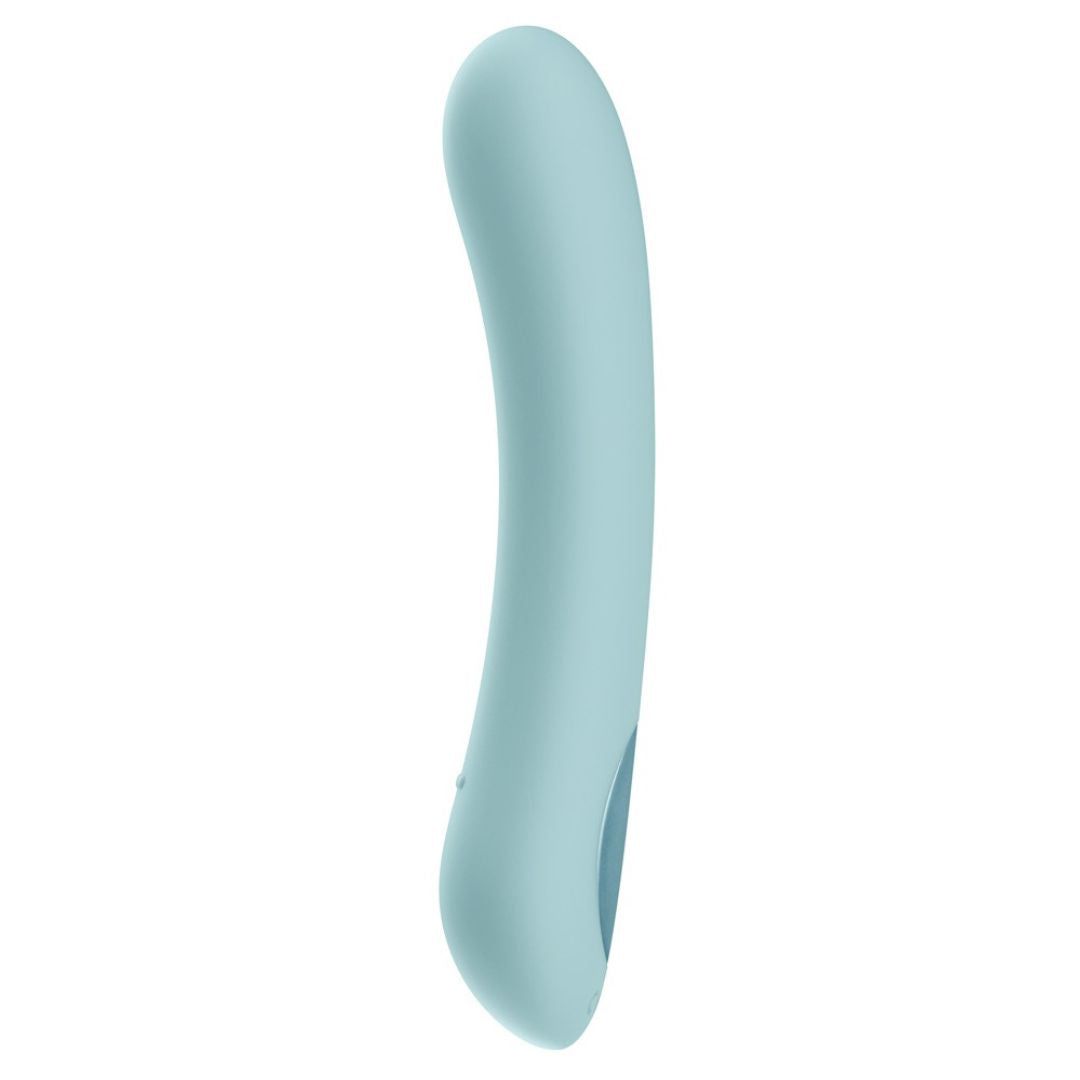 Hellblauer, gebogener Vibrator. Mit abgerundeter Spitze und ovaler Vertiefung am Ende.