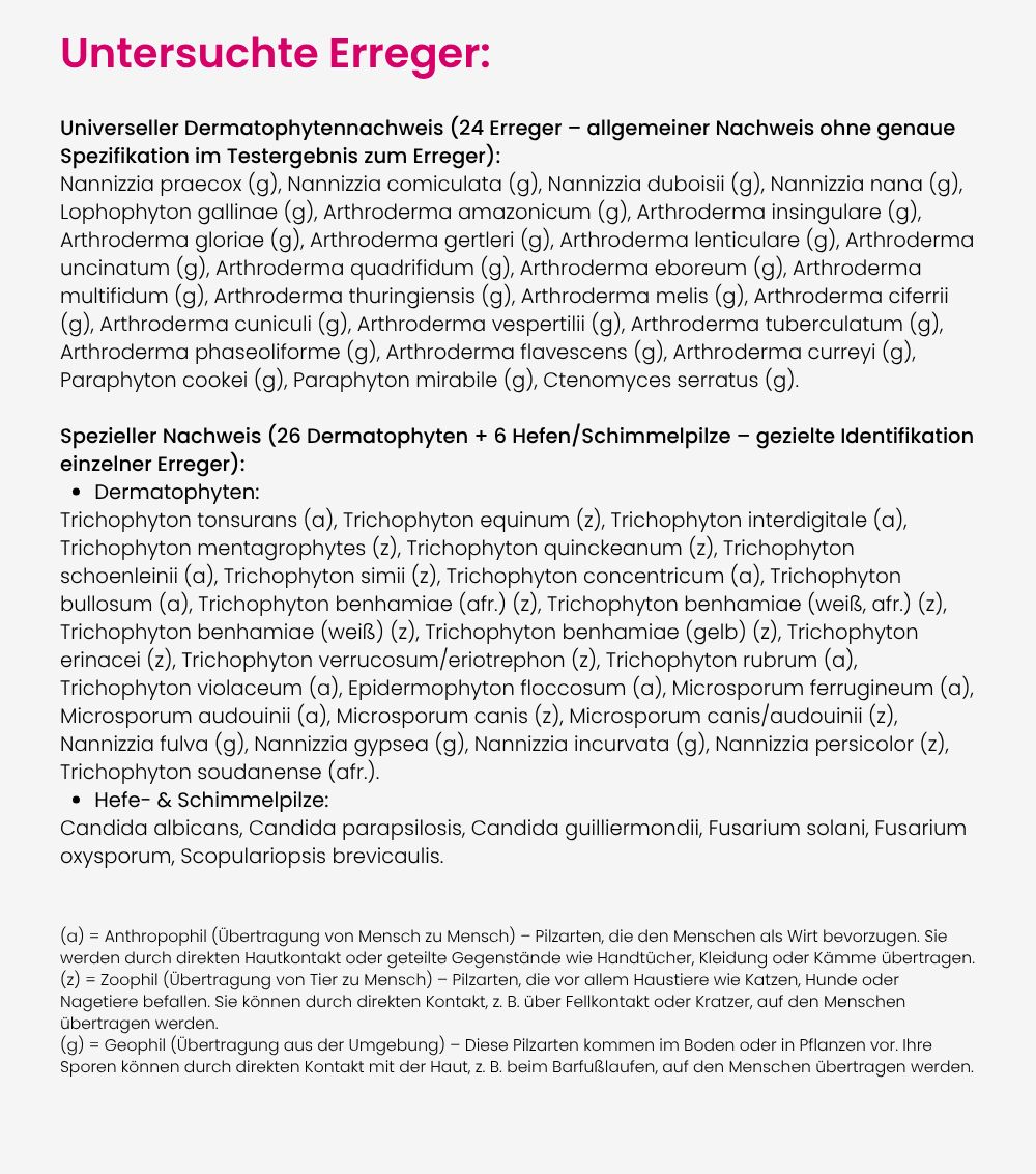 Text auf weißem Hintergrund. Untersuchte Erreger: Dermatophyten, Hefen/Schimmelpilze. Auflistung von Erregernamen und Erläuterungen.