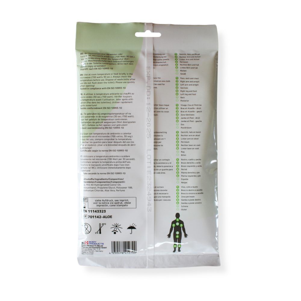 Verpackung der feuchten Einmalwaschhandschuhe. Rückseite mit Text, Piktogrammen und einem grünen Umriss einer Person. Aufhängeöse.