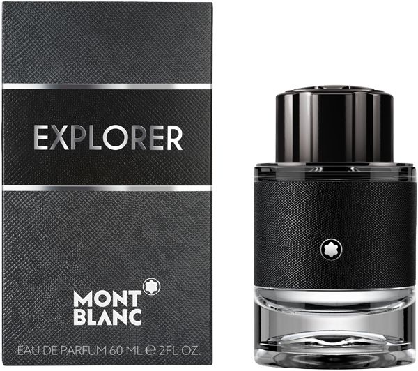 Montblanc Explorer Eau de Parfum Flakon und Verpackung. Schwarz, rechteckig, mit Logo und Schriftzug. 60ml.
