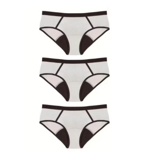 Drei Periodenunterhosen in Weiß mit schwarzen und braunen Akzenten. Sporty-Modell mit breitem Bund.