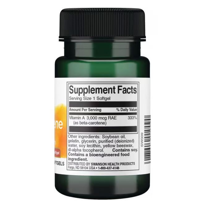 Grüne Flasche mit weißem Etikett. Enthält Beta-Carotin-Kapseln. Aufschrift: Swanson, Supplement Facts, Vitamin A.