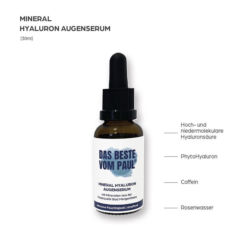Braune Serumflasche mit Pipette. Text: DAS BESTE VOM PAUL, Mineral Hyaluron Augenserum. Inhaltsstoffe: Hyaluronsäure, Koffein, Rosenwasser.