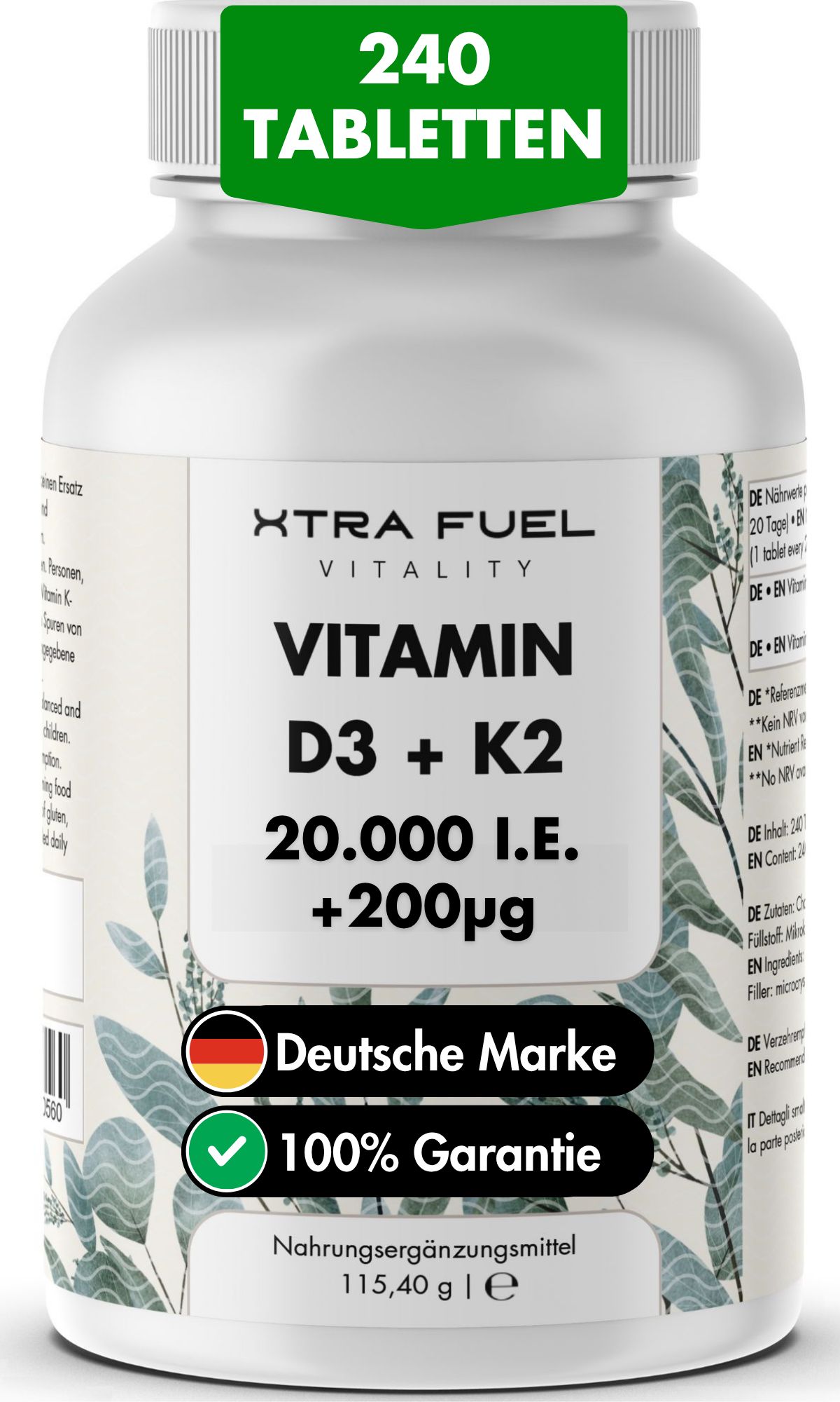 Weiße Flasche mit Tabletten. Aufschrift: XTRA FUEL, Vitamin D3 + K2, 20.000 I.E. + 200mcg. 240 Tabletten. Deutsche Marke, 100% Garantie.