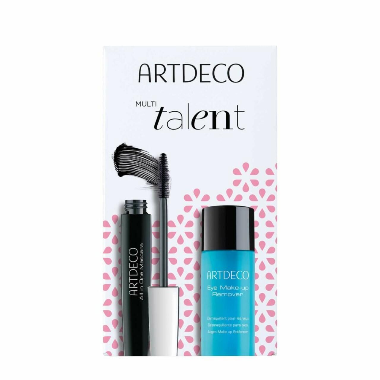 Set mit Mascara und Augen-Make-up-Entferner. Schwarze Mascara-Tube, blaue Flasche mit schwarzem Deckel. Marke: ARTDECO.