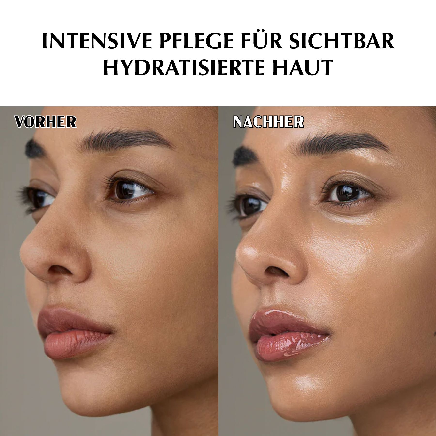 d'Alba White Truffle Mask. Vorher-Nachher-Vergleich. Frau mit glänzender Haut. Text: Intensive Pflege.